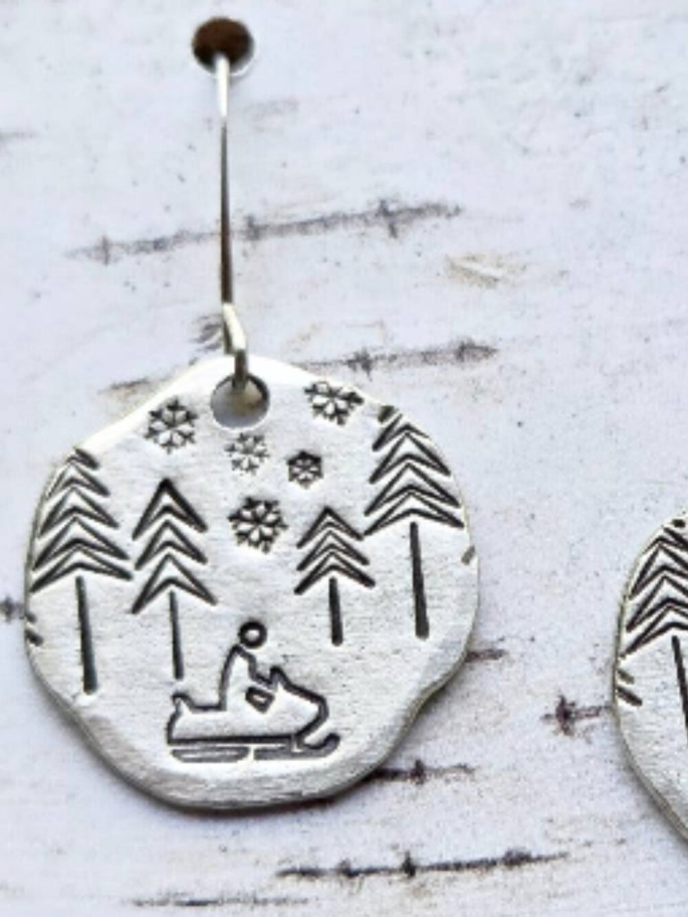 Hand Stamped Snowmobile Earrings | Rustic Pewter Winter Jewelr